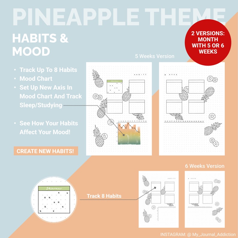May include: A planner with a pineapple theme, featuring habit and mood tracking. The design includes 5 and 6-week versions, with space to track up to 8 habits. The planner includes a mood chart and a section to track sleep and studying habits.