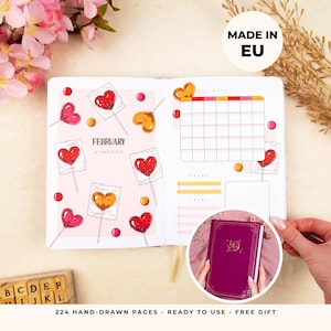 Vorgefertigtes Bullet Style Journal | Vegan Leder, Handgezeichnete Designs | Undatiert A5 Dot Grid | 224 Seiten