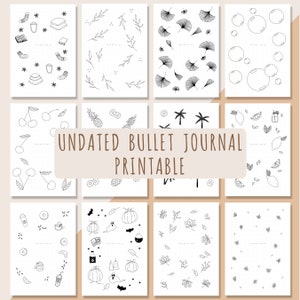 May include: Printable bullet journal pages with various doodle patterns. The pages feature designs like coffee cups, cherries, pineapples, palm trees, lemons, pumpkins, and leaves. The text "UNDATED BULLET JOURNAL PRINTABLE" is in the center of the image.