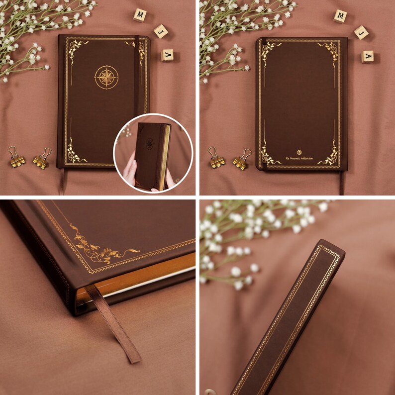 Premade Travel Journal Italian Vegan Leather, Gold Edges, Back Pocket