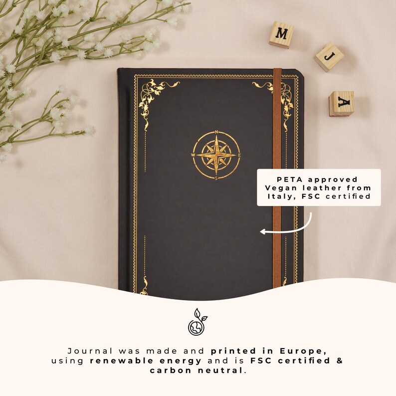 Premade Travel Journal Italian Vegan Leather, Gold Edges, Back Pocket