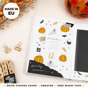 Premade Bullet Style Journal | Beige Viscose Cover | Undated A5 Dot Grid Journal | 12 Original Themes, Yearly Set Up | 208 Pages + free gift