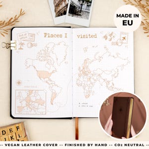 Vorgefertigtes Reisetagebuch | Italienisches Vegan Leder, Goldkanten, Tasche | Weltkarte, Reiseziele, Packliste, Reiseplan | 160 Seiten + gratis Geschenk