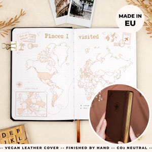 Vorgefertigtes Reisetagebuch | Italienisches Vegan Leder, Goldkanten, Tasche | Weltkarte, Reiseziele, Packliste, Reiseplan | 160 Seiten + gratis Geschenk