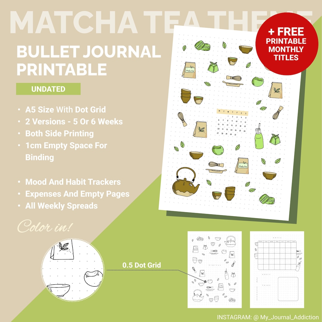 Journal de point de balle non daté imprimable Thème du thé matcha  Agenda A5 pointillé Page de couverture, objectifs, suivi des habitudes,  suivi