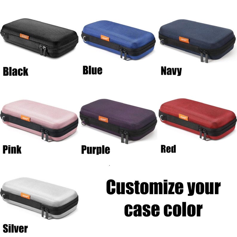 May include: A selection of zippered cases in various colors: black, blue, navy, pink, purple, red, and silver. Each case has a black zipper and trim, with the text "Customize your case color" below the cases.