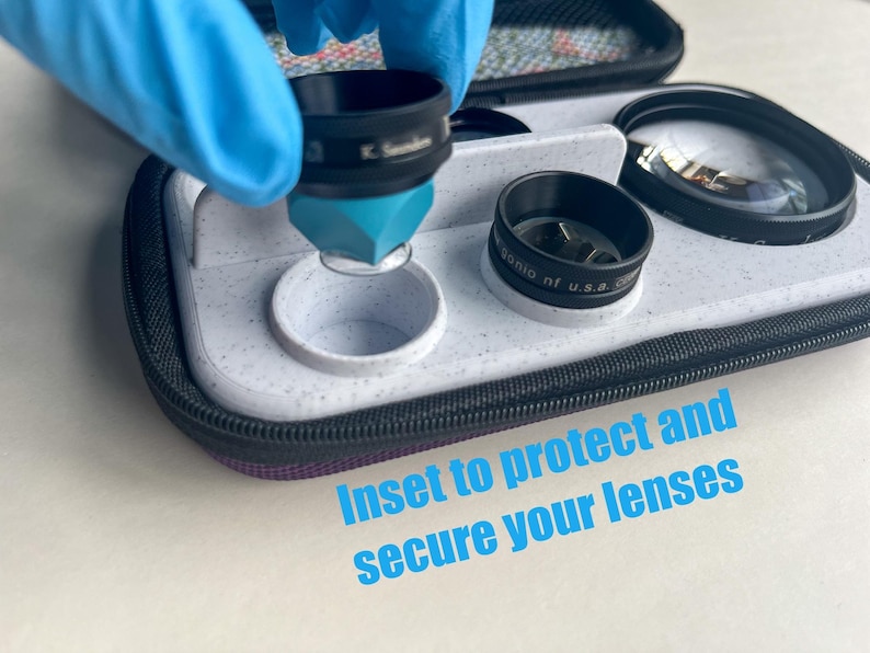 May include: A close-up of a camera lens kit with multiple lenses and a protective case. The image shows a person wearing a blue glove inserting a lens into a white holder. The text "Inset to protect and secure your lenses" is visible.