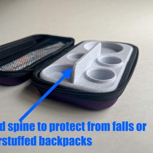 May include: Open, purple-trimmed case with a black zipper and a gray interior. The case has a rigid spine and several circular compartments. Text on the image reads: "Rigid spine to protect from falls or overstuffed backpacks."
