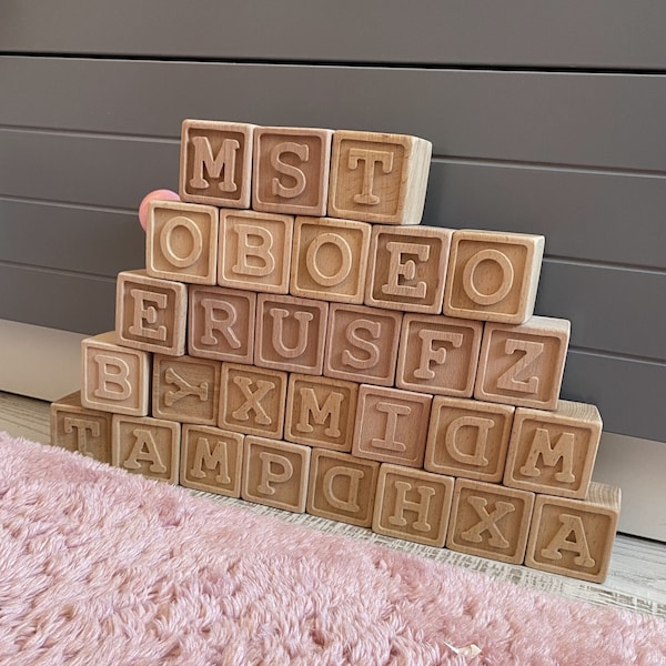Ensemble de blocs alphabet en bois, blocs abc en bois, cubes de lettres en bois, blocs-noms en bois, blocs de lettres pour bébé, cadeau minimaliste