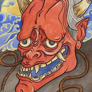 Japanese Style Hannya Mask - Original Watercolor Painting