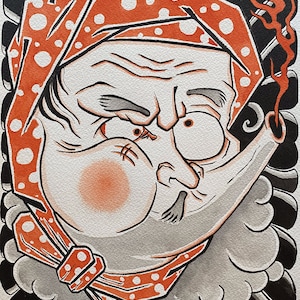 Japanese Style Hyottoko - Original Watercolor Painting