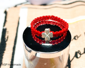 Red String Ring with S925 Sterling Silver Clover Charm, Red Protection String Ring, Red Luck Thread Ring