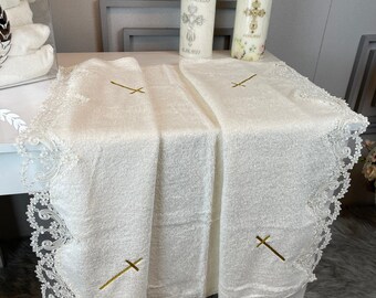 Fine Golden Yellow Cross Pattern With Lace Edge Embroidered - Baptism Towel SCEVH10059