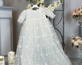 Lace Embroidered Girl's Baptism Dress · Long Girl's Baptismal Gown SCENK10003