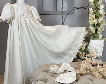 Silk Satin Bead Embroidered Lace Applique Christening Gown SCENK10050