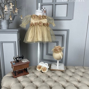Gold Tulle Dress - Girl Party Dress, Toddler Party, Birthday Dress  SCENFK10037
