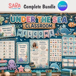 May include: An Under the Sea classroom decor bundle featuring a blue background with sea creatures like a turtle, whale, and octopus. Includes signs for Welcome, Our Schedule, Our Class Promise, and Our Birthdays, with alphabet charts and name tags.