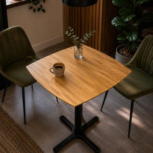Peut inclure: Une table carrée en bois aux coins arrondis avec un pied central en métal noir. Deux chaises rembourrées vert olive aux pieds en métal noir sont placées de chaque côté. Un mug en céramique et un vase en verre avec des feuilles sont posés dessus.