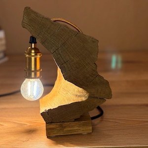 Wooden Oak bedside lamp. Handcrafted Light - Unique Home Decor. Rustic tree table lamp for bedroom, living room or office