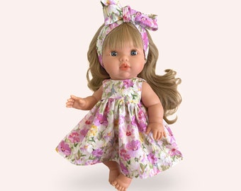 Miniland 38cm / Minikane 34cm / Pink Watercolour Floral Sleeveless Midi Dress / 2 Piece Set /Doll Clothes