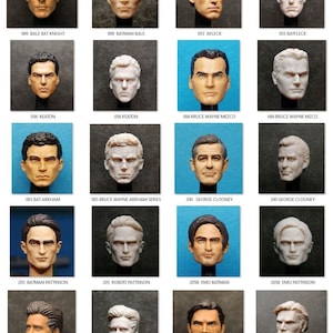May include: A collage of 16 different head sculpts of Batman characters, including Christian Bale, Michael Keaton, George Clooney, and Robert Pattinson. Each sculpt is labeled with the actor's name and the character's name.
