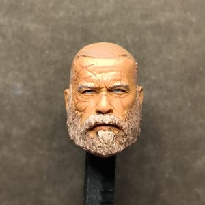 Puede incluir: Una escultura de cabeza realista, pintada a mano y detallada, de un hombre con una larga barba blanca. La escultura tiene un aspecto envejecido y desgastado con arrugas y líneas visibles en la cara.