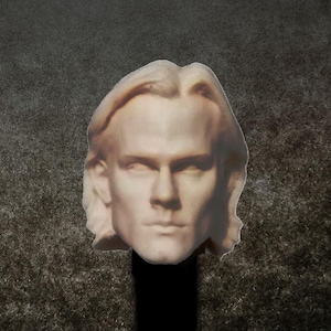 Puede incluir: Un busto de color claro de un hombre con cabello largo y suelto. La escultura tiene una superficie lisa y está sobre un fondo oscuro y texturizado. La cara tiene rasgos definidos y una expresión neutra.