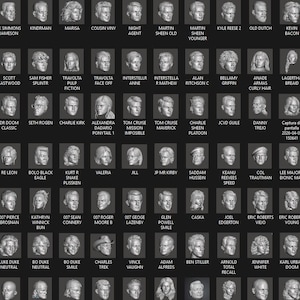 Puede incluir: Una cuadrícula de numerosas pequeñas esculturas de cabezas en 3D monocromáticas, dispuestas en filas y columnas sobre un fondo oscuro. Cada cabeza tiene una etiqueta de texto debajo, mostrando una variedad de rasgos faciales y peinados.