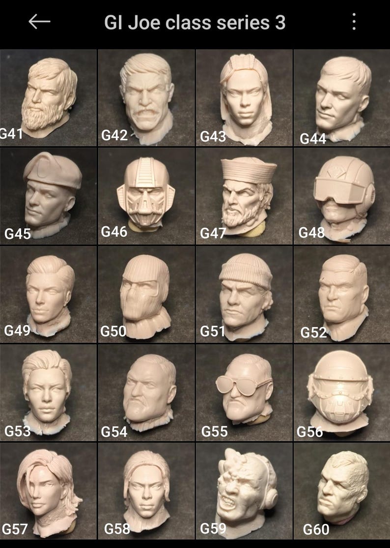 May include: A collection of 20 unpainted plastic heads for customizing action figures. The heads are numbered G41 through G60 and are arranged in a grid.