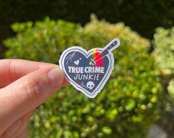 True Crime Junkie Sticker: Waterproof Holographic Heart Decal