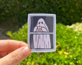 Coffee Book Ghost Kawaii Throwback Waterproof Sticker Decal/halloween/throwback/library card/kindle/laptop/gifts/funny/iced coffee/hal