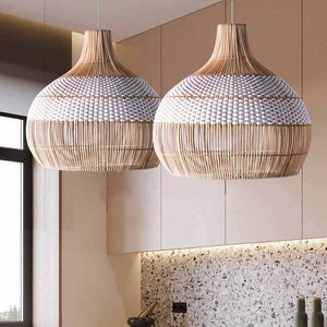 White Rattan Pendant Light Woven Lampshade, Wicker Bamboo Light Fixture, Kitchen Island Lighting Chandelier Rustic Basket Ceiling Drop Light