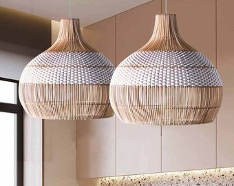 White Rattan Pendant Light Woven Lampshade, Wicker Bamboo Light Fixture, Kitchen Island Lighting Chandelier Rustic Basket Ceiling Drop Light