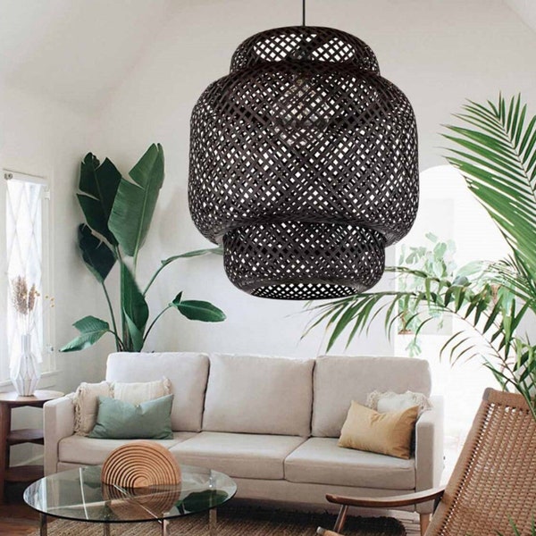 Black Bamboo Pendant Light Wicker Bamboo Lampshade, Bamboo Light Fixture Handmade,Woven Bamboo Drop Light Coffee House Restaurant Home Decor