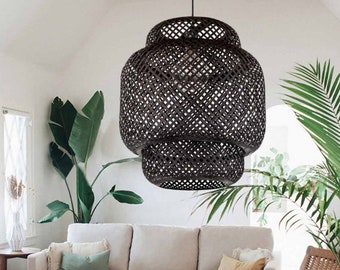 Black Bamboo Pendant Light Wicker Bamboo Lampshade, Bamboo Light Fixture Handmade,Woven Bamboo Drop Light Coffee House Restaurant Home Decor