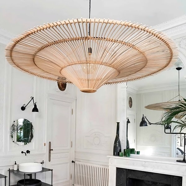 Nordic Rattan Chandelier Round Lampshade Large Size, Kitchen Island Pendant Light Bamboo Lighting Handmade, Woven Light Fixture Drop Light