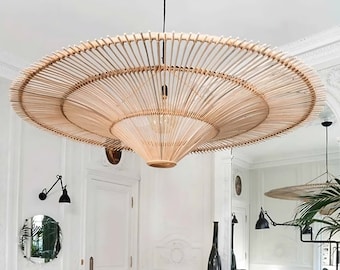 Nordic Rattan Chandelier Round Lampshade Large Size, Kitchen Island Pendant Light Bamboo Lighting Handmade, Woven Light Fixture Drop Light