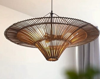 Brown Rattan Pendant Light Nordic Chandelier, Wicker Rattan Light Fixture Bamboo Lamp Shade, Kitchen Dining Room Lighting Round Lantern Lamp