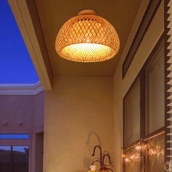 Semi Flush Mount Ceiling Light Bamboo Pendant Light Shade, Woven Rattan Lamp Shade Rattan Light Fixtures Bamboo Chandelier Rustic Home Decor