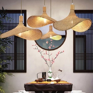 Straw Hat Bamboo Lampshade, Woven Rattan Pendant Light, Wicker Hanging Lamp, Handmade Kitchen Island Chandelier, Indoor Basket Light Fixture