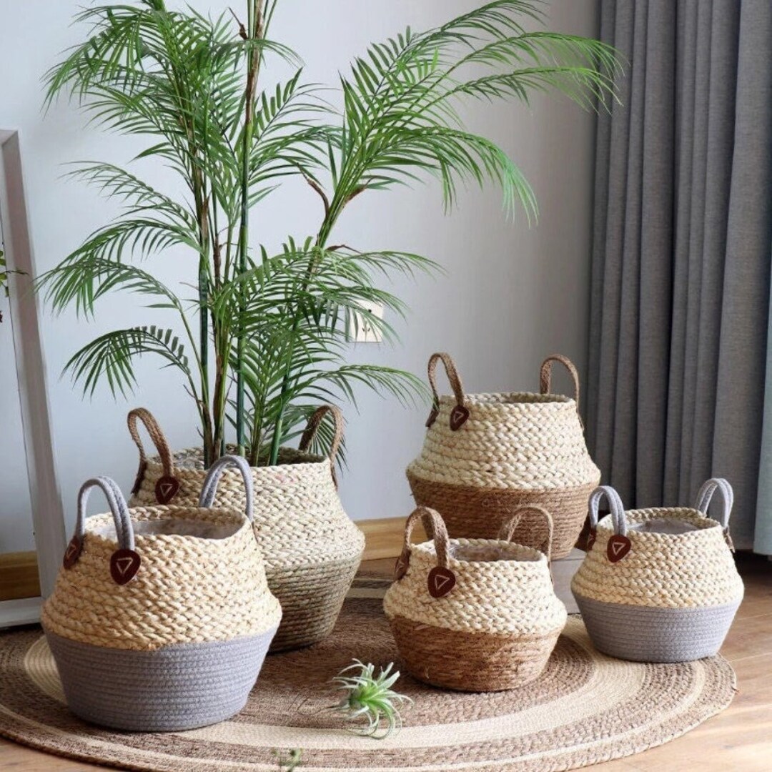 Woven Straw Baskets With Handles, Water Hyacinth Basket, Boho Belly