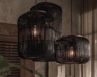 Black Rattan Lampshade, Woven Rattan Pendant Light, Rattan Light Fixtures, Wicker Bamboo Pendant Light, Rattan Chandelier, Rattan Lantern