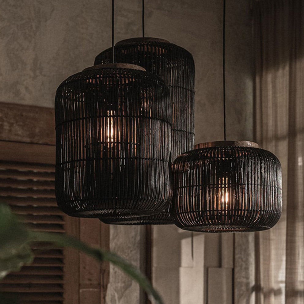 Black Rattan Lampshade, Woven Rattan Pendant Light, Rattan Light