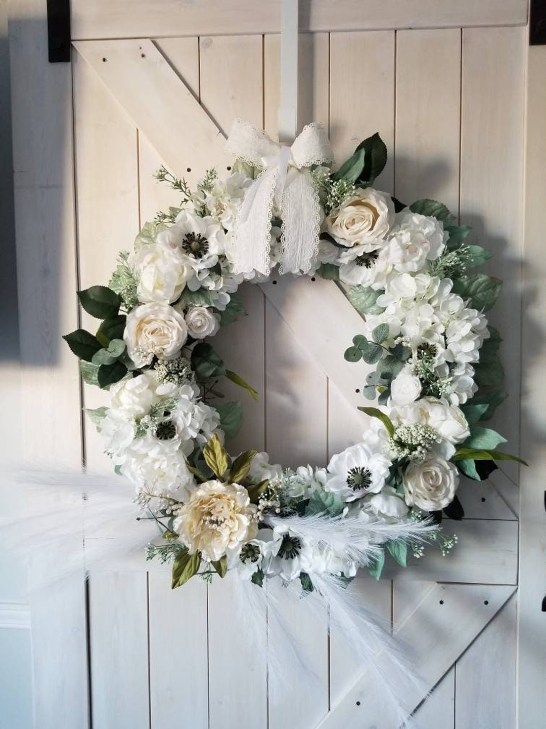 Large White Wedding Wreath for Front Door, Special Occasion Wreath