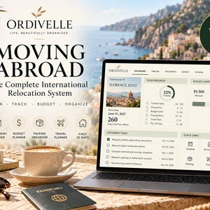 May include: A digital moving abroad relocation system displayed on a laptop screen, featuring an Ordivelle dashboard with progress trackers, budget overviews, and task lists. The screen shows a move to Florence, Italy, with icons for planning, tracking, and organising.