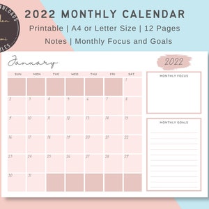 May include: A printable 2022 monthly calendar in pink and white with a simple design. The calendar includes a section for monthly focus and goals. The month of January is shown.