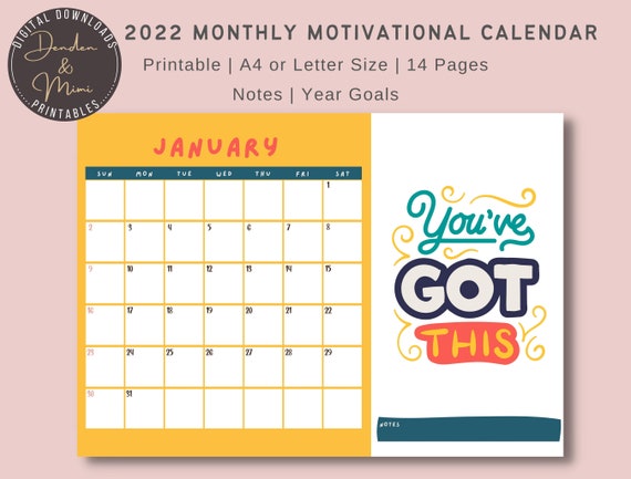 2022 Motivational Printable Calendar | Monthly Motivational Quotes Calendar Print | Retro Style Colorful Calendar | Typograghy Quotes Prints