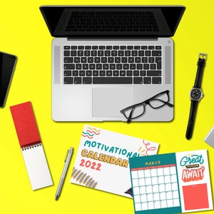 May include: A flat lay of a yellow surface with a laptop, a smartphone, a notebook, a pen, a watch, a calendar, and a motivational quote card. The calendar is open to March and the quote card says "Great Things Await".