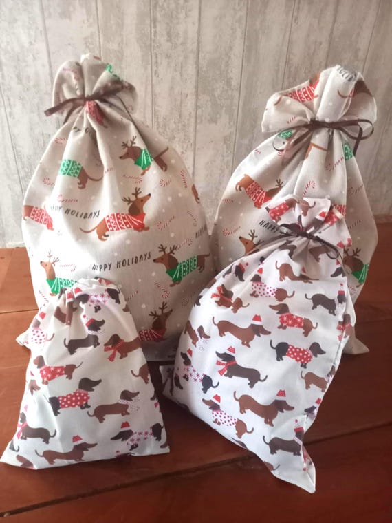 Sac cadeau Noël en tissu zéro déchet TECKEL, emballage cadeau écologique, pochon tissu réutilisable, sac cadeau pour les fêtes, tissu Noël