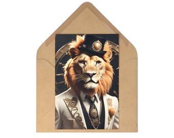 Set di 7 cartoline con un bellissimo leone dal look retrò in stile anni '20, biglietto di compleanno da gentiluomo anni '20 per un amico, motivo animale, regalo esclusivo
